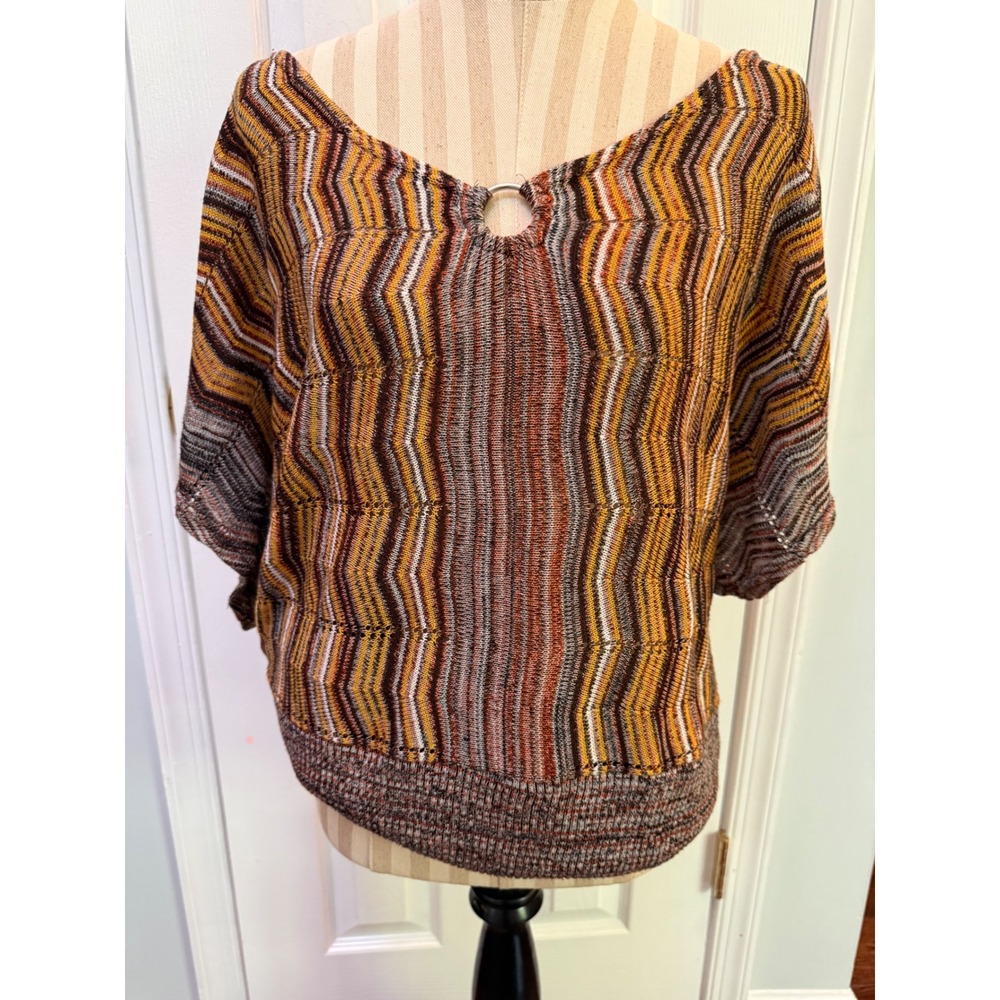 Ashley Stewart Chevron Knit Top Womens 22/24 Orange Yellow O-Ring Dolman Sleeve